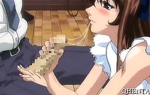 Hentai maid gets on knees to suck masters cock