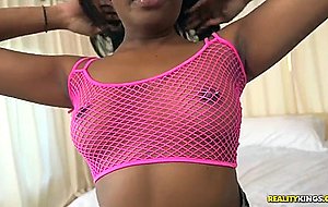 Qutie quinn wears a fishnet top and jeans shorts, showing us her goods
