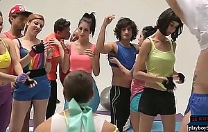 Fit babes fuck in an orgy after workout
