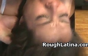Latina amateur in collar and leash fucked by two guys