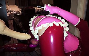 Total enclosed skinny rubberdoll fun with giant two dildos & fake cum on her rubber tits<