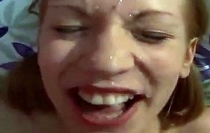 Pretty babe gets jizzed on face after giving head
