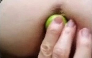Alone in woods she stuffs little green apples into asshole a