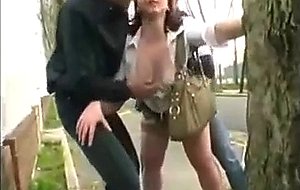 French Milf Fucked Outdoors By 2 Guys ....