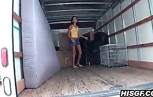 Asian cutie sucks dick in a moving truck