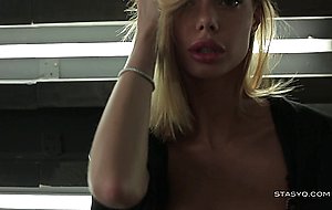 Delicate blonde cutie teasing in sweet black lingerie