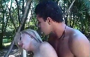 Filthy blonde shemale pounding guy in public