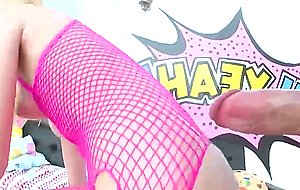 Hot blonde in pink fishnet anal fucked