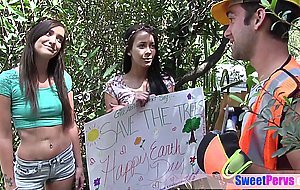 Teens saving the trees with their shaved pussies