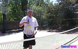 Redhead teen seducing and fucking her tennis trainer next to GF