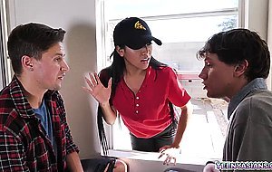 Pizza threesome with Asian babe Ember Snow