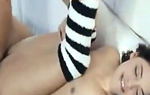 Sexy chick in stripes stocks makes love