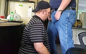 Daddy trucker dumps a quick load in Chubby Boy's mouth...