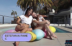 Lesbian girlfriends Estefania Pahe and Clara having fun at the pool