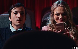 Hot blonde teen Athena Faris complaining on a big cock in the movie theatre