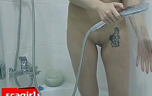 Milf in the shower rubs her pussy and ass getting ready for sex with stepson