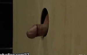 Tranny jerks off cock to guy through glory hole
