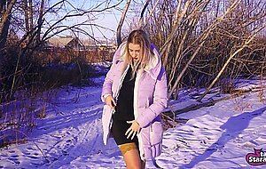 Alice novak, girl in down jacket masturbates outdoors in winter