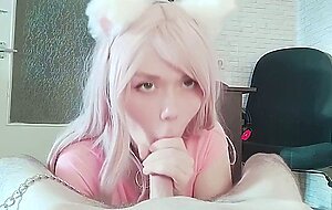 Estie kay, pet the catgirl and fed her with cum