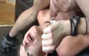 Roughly used teen slut in gangbang gets throat fucked